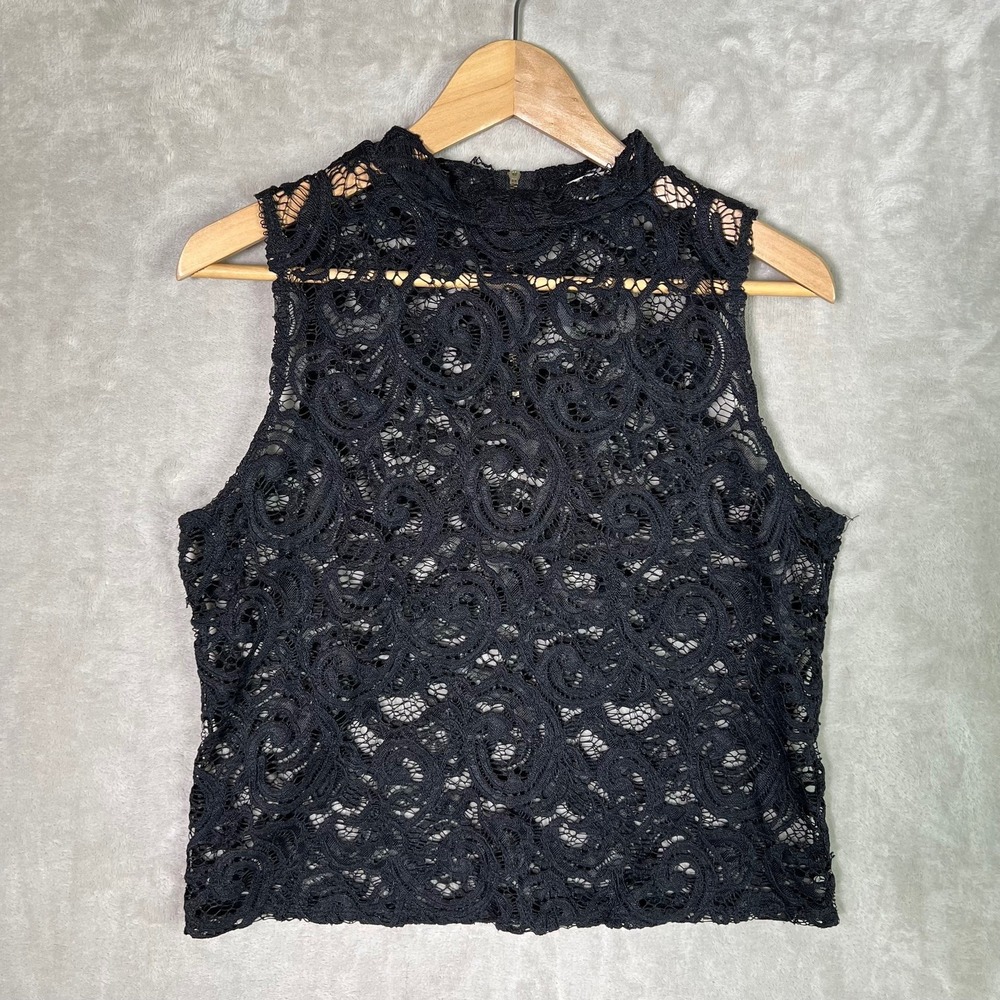 Free Kisses Black Lace Sheer Mock Neck Sleeveless Top XL Fairy Grunge Whimsigoth